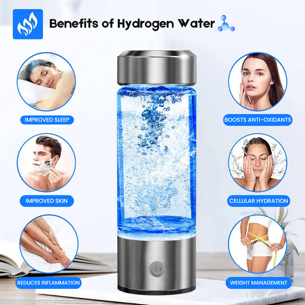 Hydrogen water bottle with benefits listed on a white background