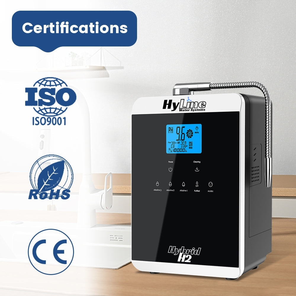 HyLine water system with ISO, RoHS, and CE certification logos on a white background