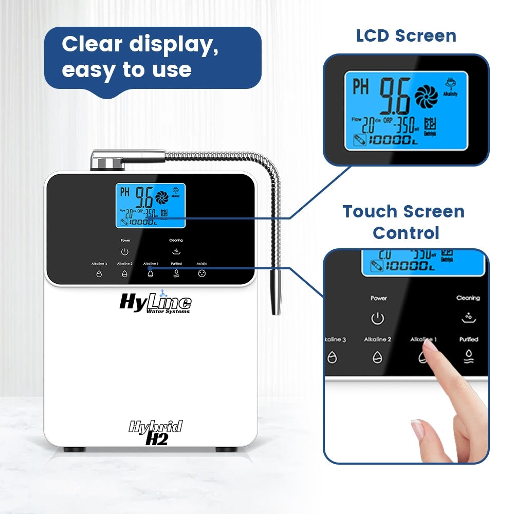 Hydration device with digital display and control panel, featuring the HyLine brand.