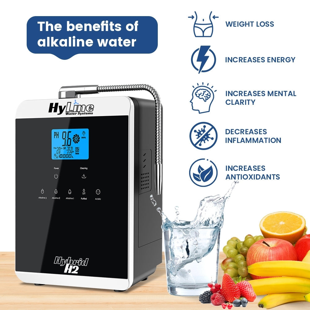 HyLine water system with benefits of alkaline water displayed on a white background
