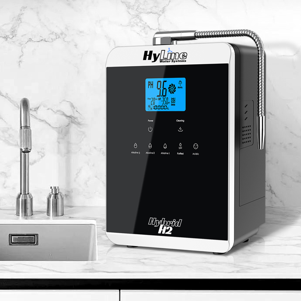 Hydrogen water machine on a kitchen counter with digital display and 'HyLine  Hybrid H2' branding.