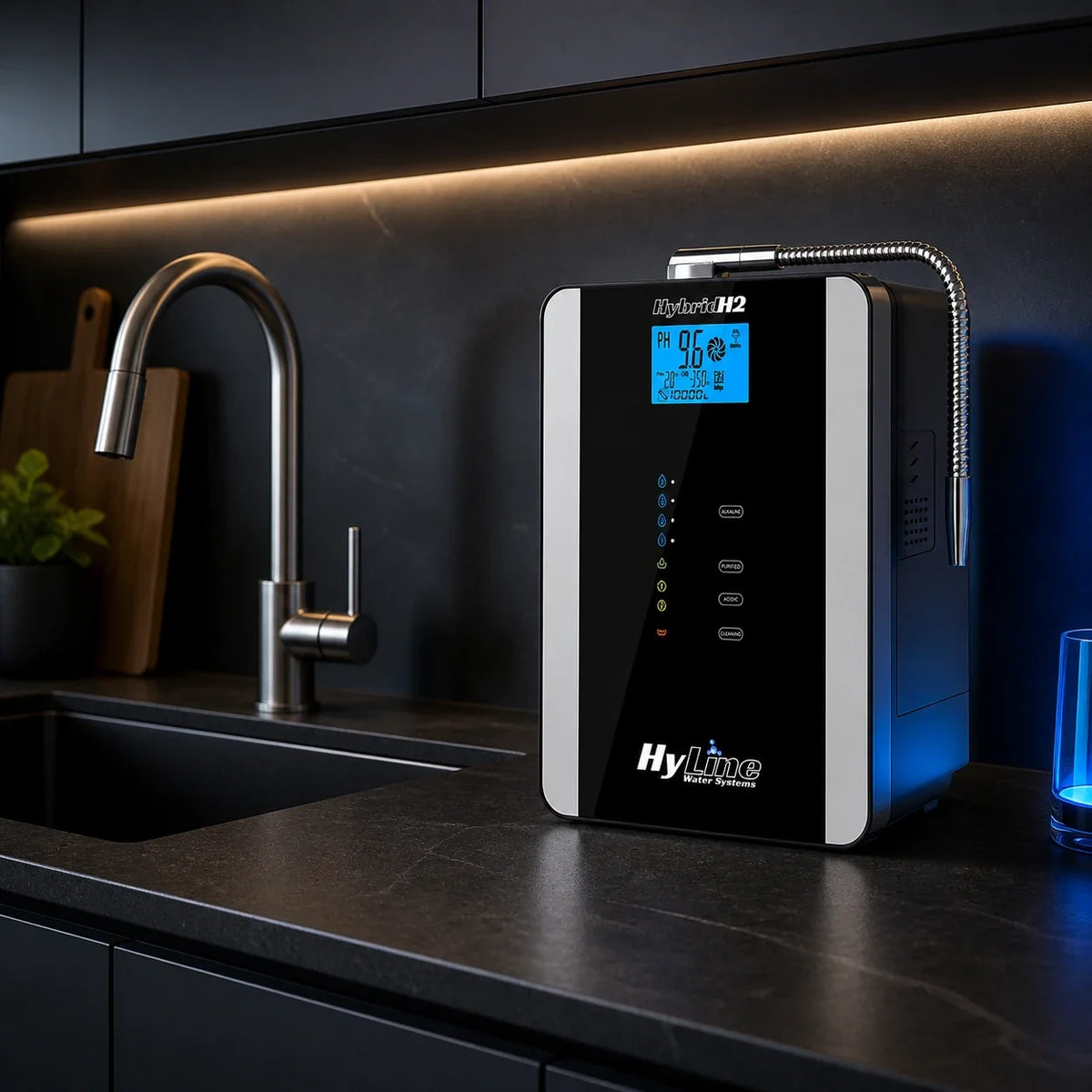 HyLine Hybrid H2 water ionizer on a modern kitchen counter beside the sink